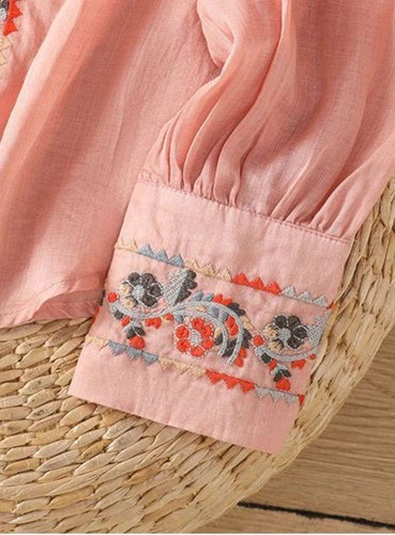 Pink Floral Embroidered Button-Front Top