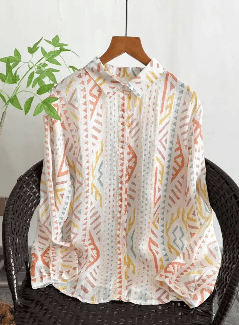 Ivory Multicolour Geometric Printed Pure Cotton Shirt for Women