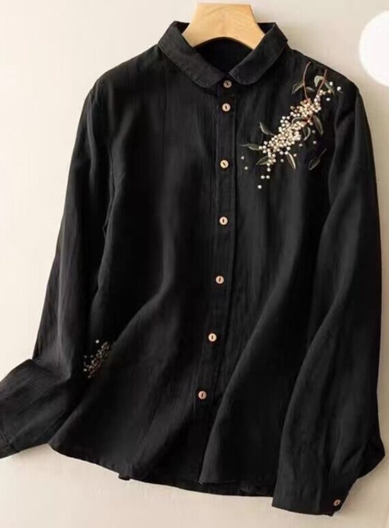 Black Botanical Floral Embroidered Button-Down Shirt