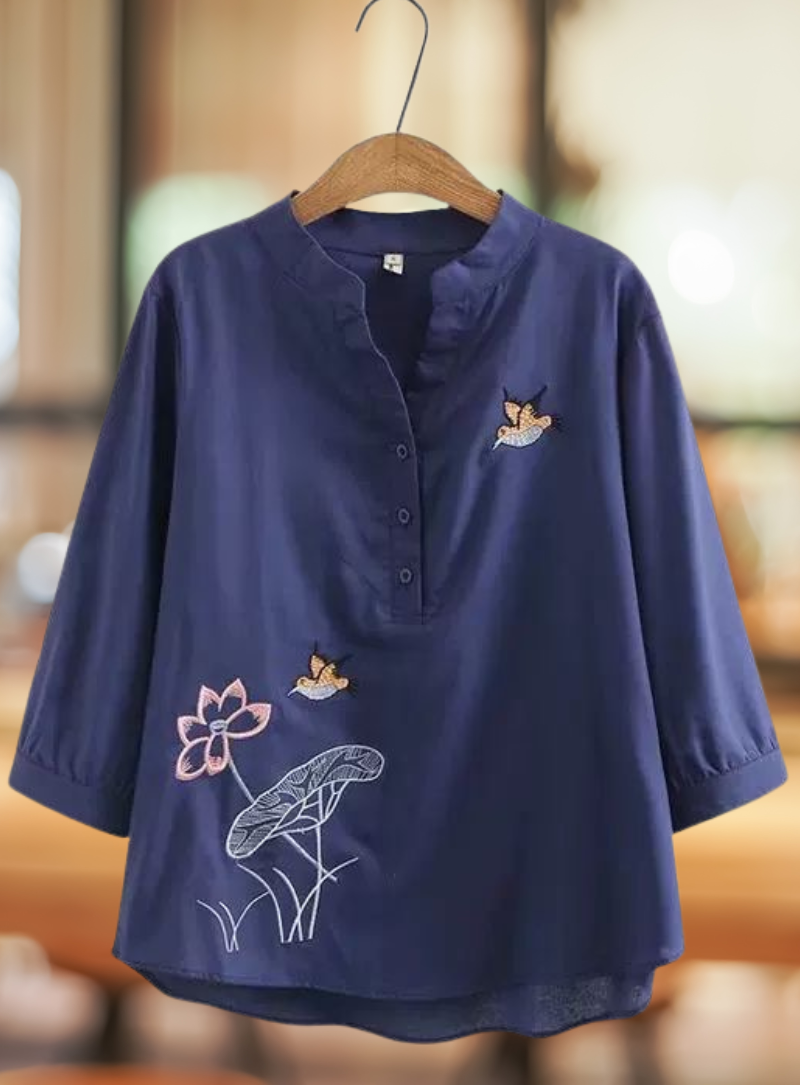 Navy Blue Bird and Lotus Embroidered Tunic for Women