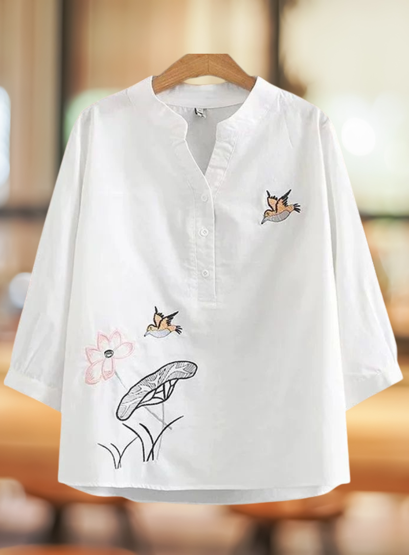 White Bird & Lotus Embroidered Pure Cotton Tunic
