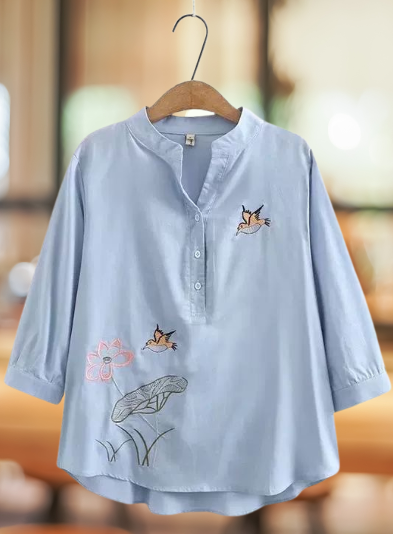 Sky Blue Bird & Lotus Embroidered Tunic for Women