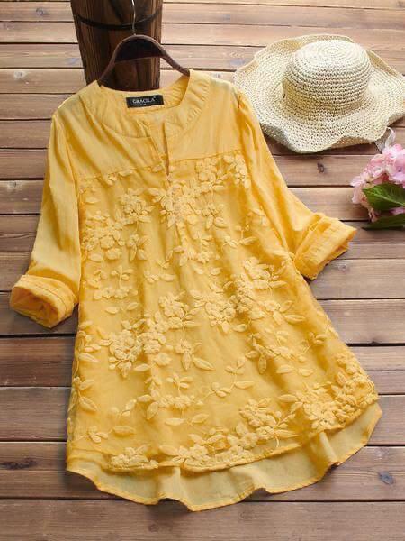 Yellow Embroidery Casual Wear Stylish Tops
