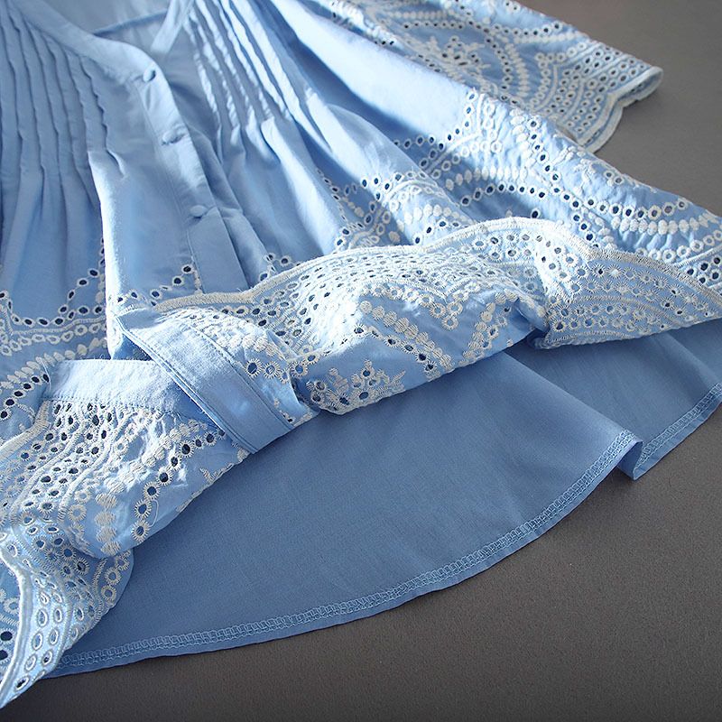 Ethnic Heavy Chikankari Ruffle Cotton Blue Top For Women