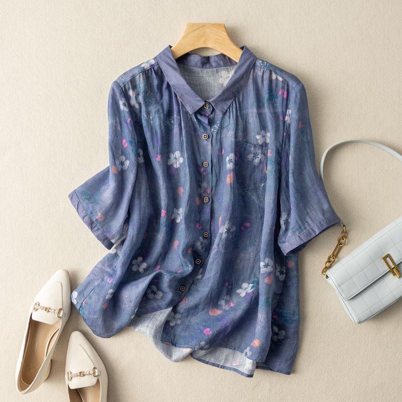Lapel Button-Down Short Sleeve Printed Blue Top