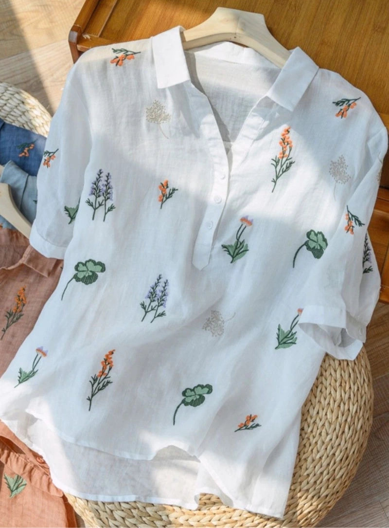 White Botanical Embroidered Tunic Top for Women