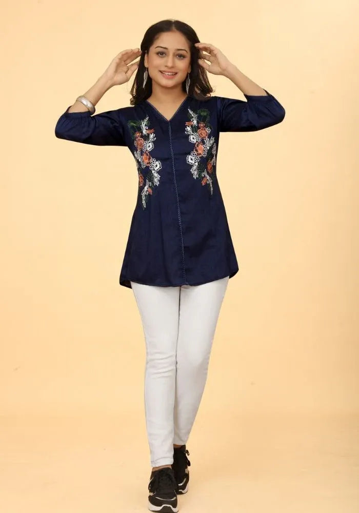 Blue Embroidered Cotton Top