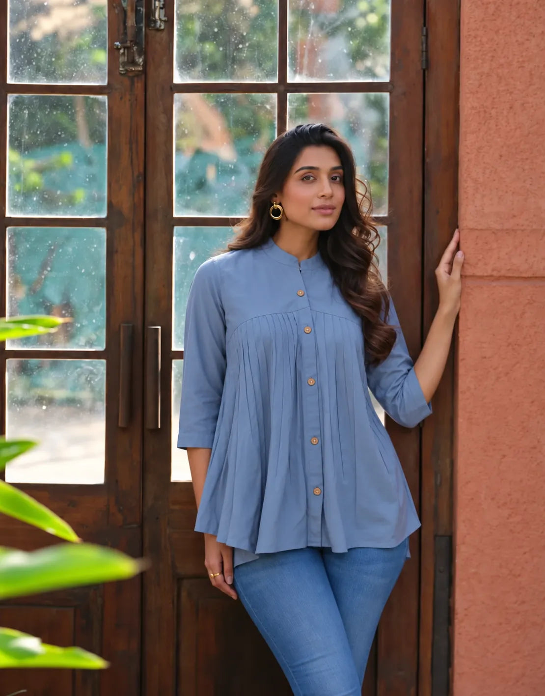 blue mandarin collar top
