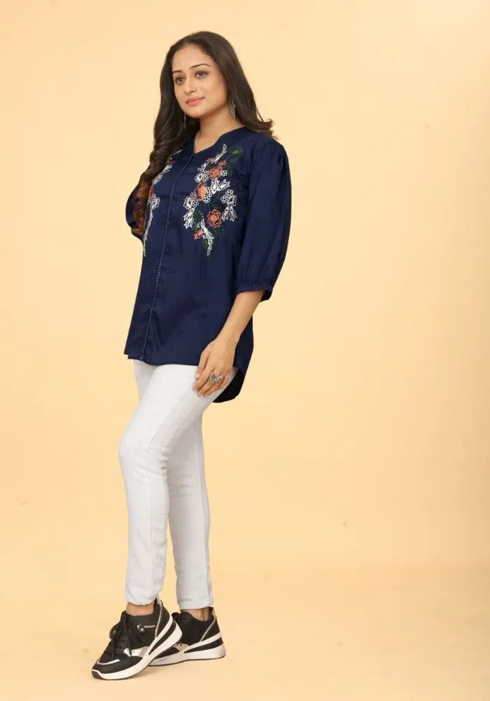Blue V-neck Embroidered Top