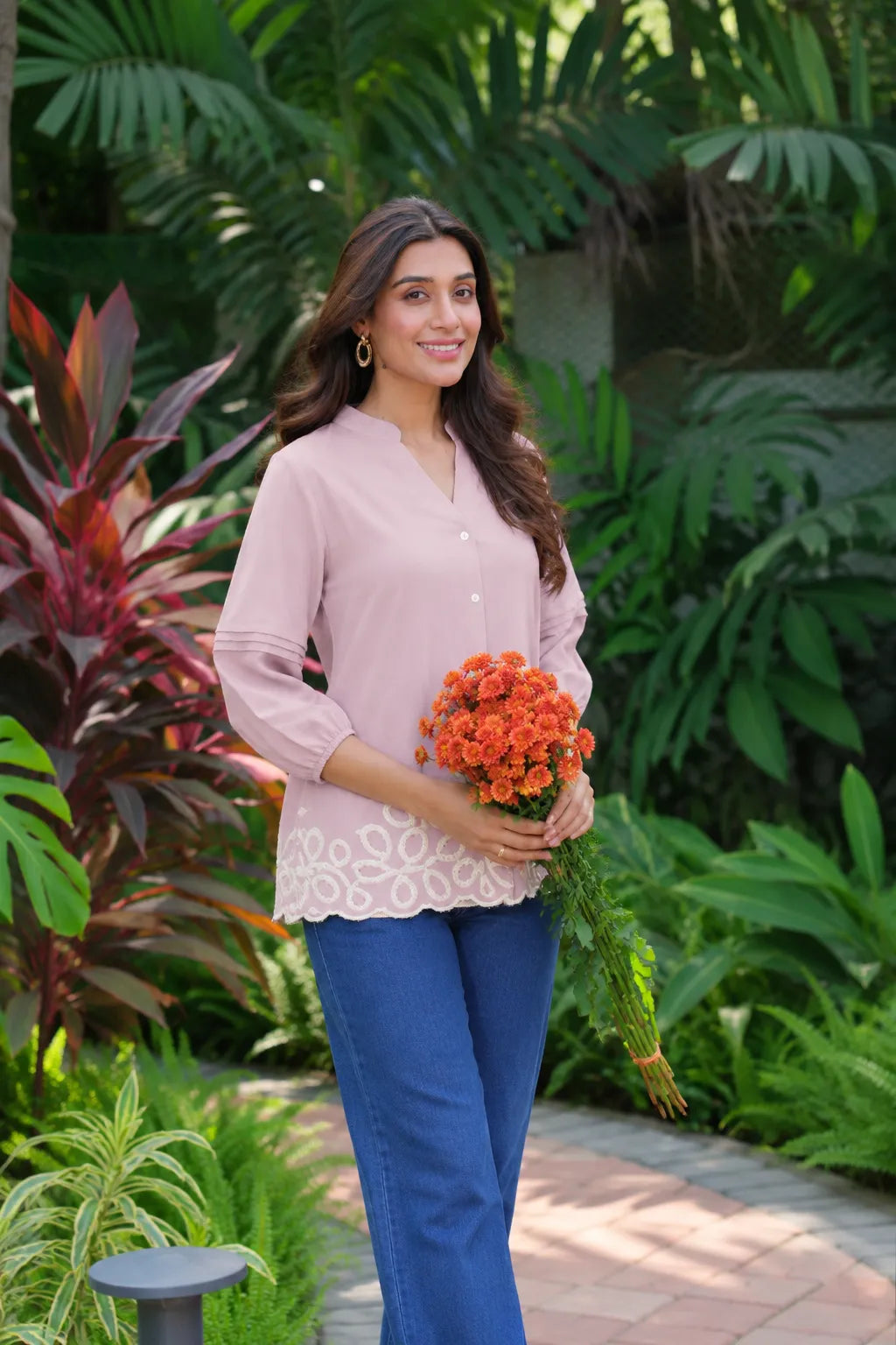 blush pink button front top