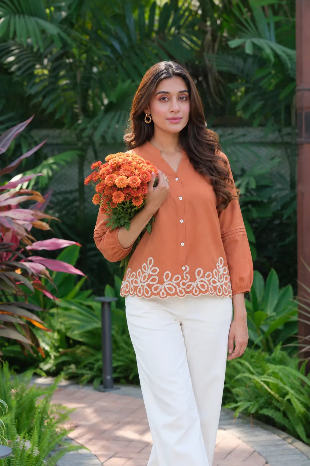 burnt orange band collar top