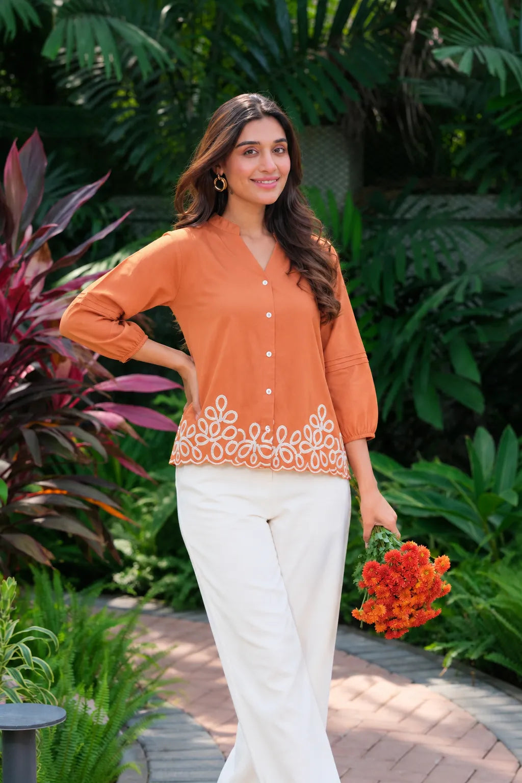 burnt orange button front top