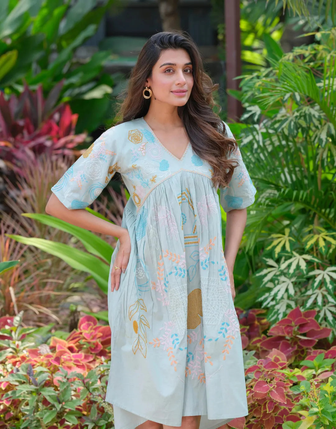 green embroidered midi dress