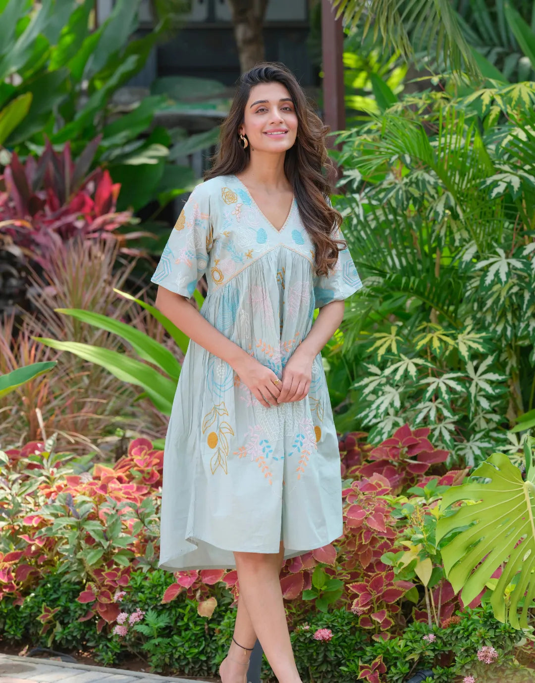 green flared cotton dress