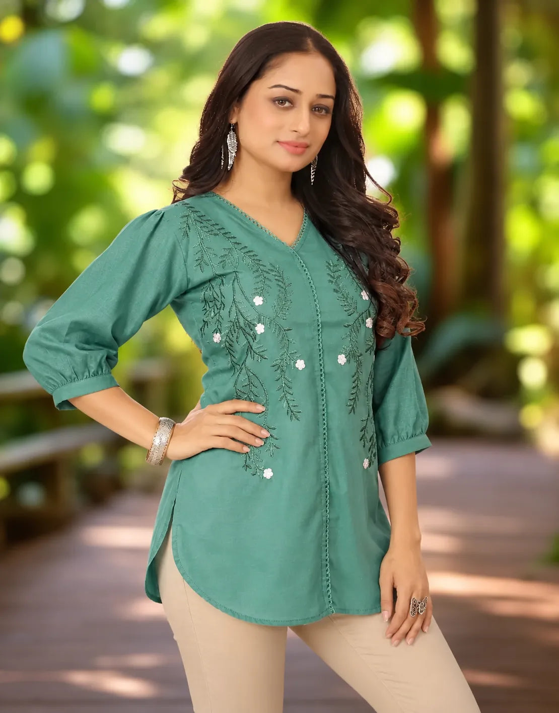 green floral embroidered