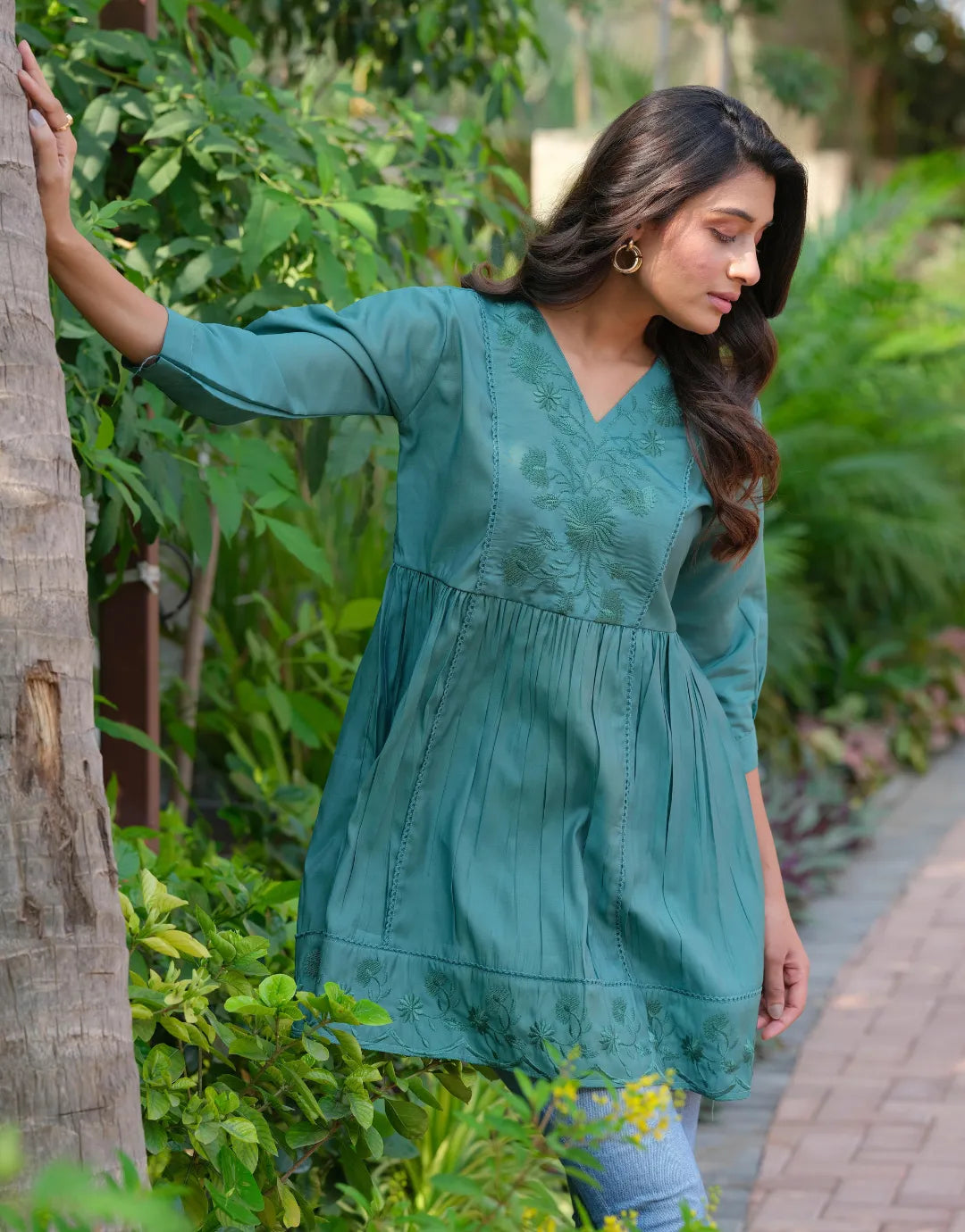 green floral tunic top