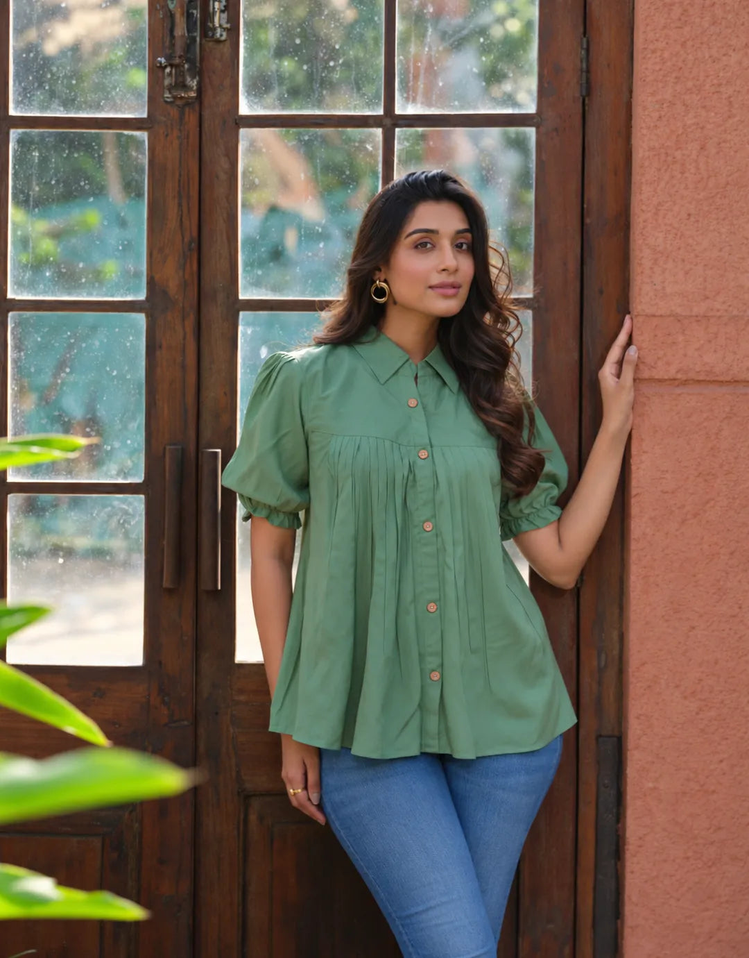 green pleated top online