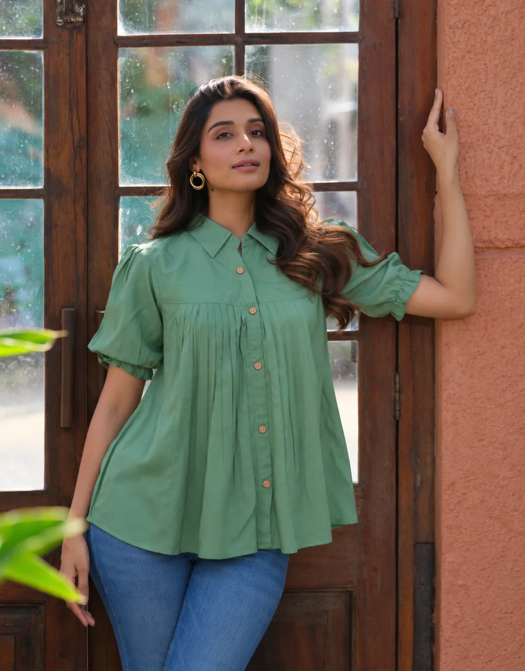 green puff sleeve top