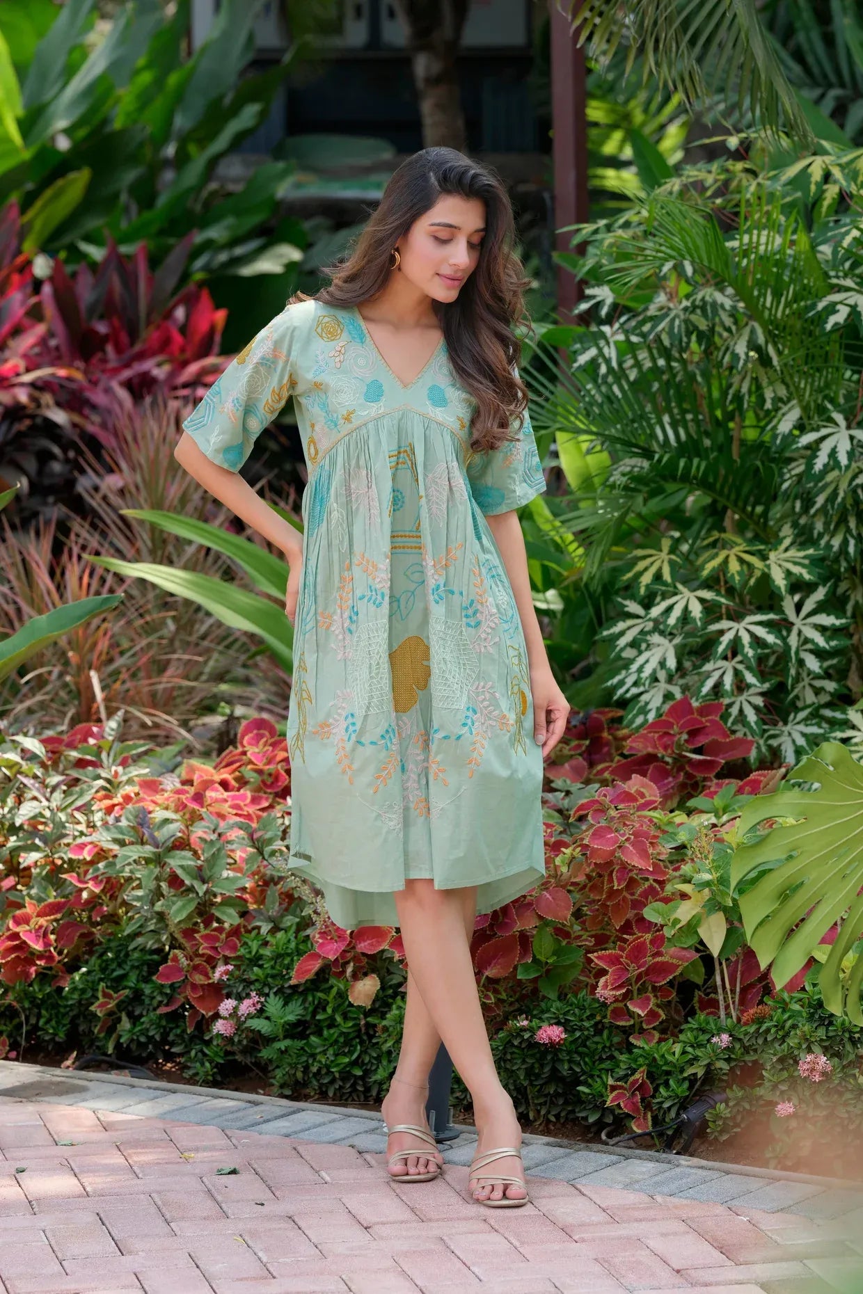 Green V-neck Dress