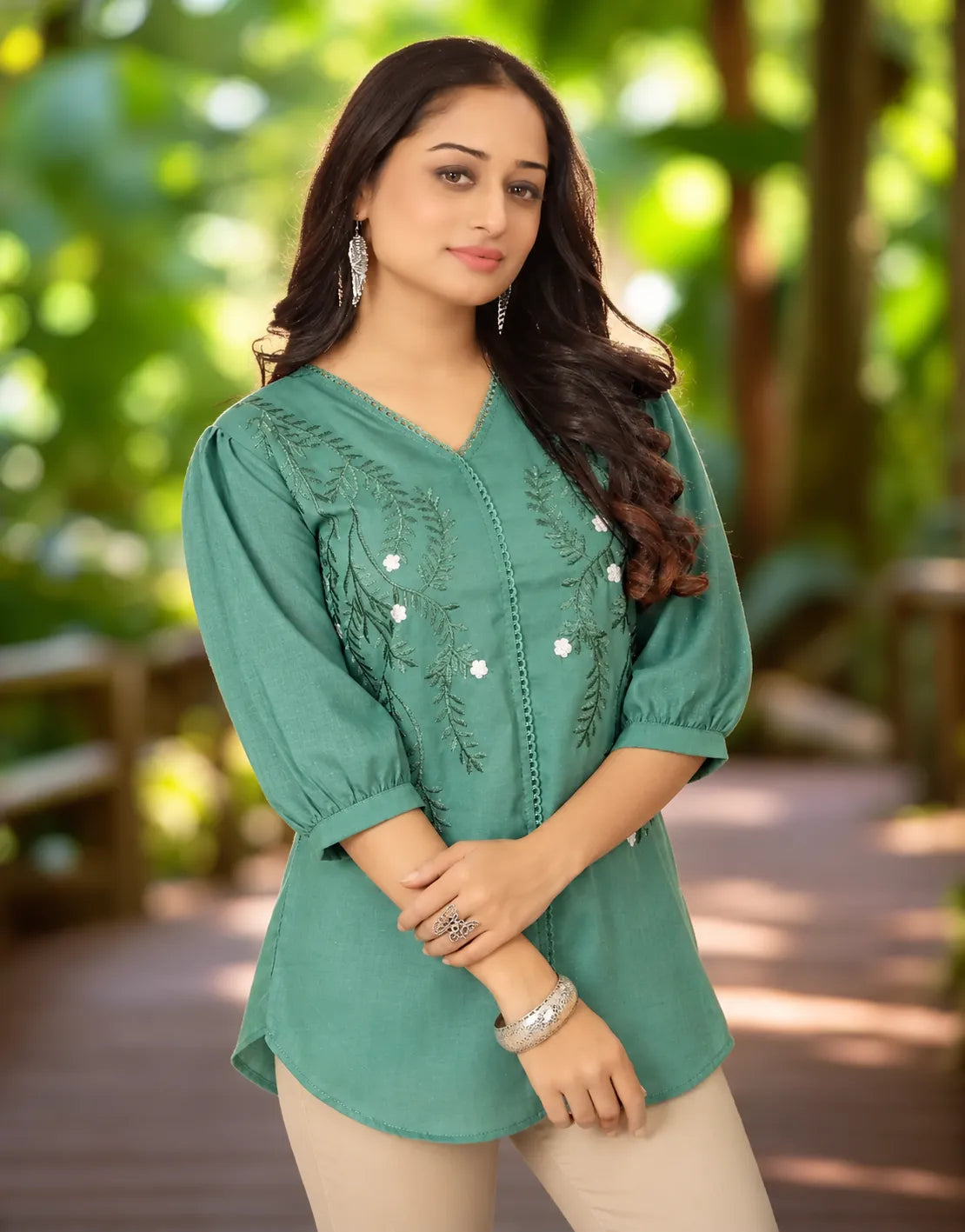green v-neck tunic top