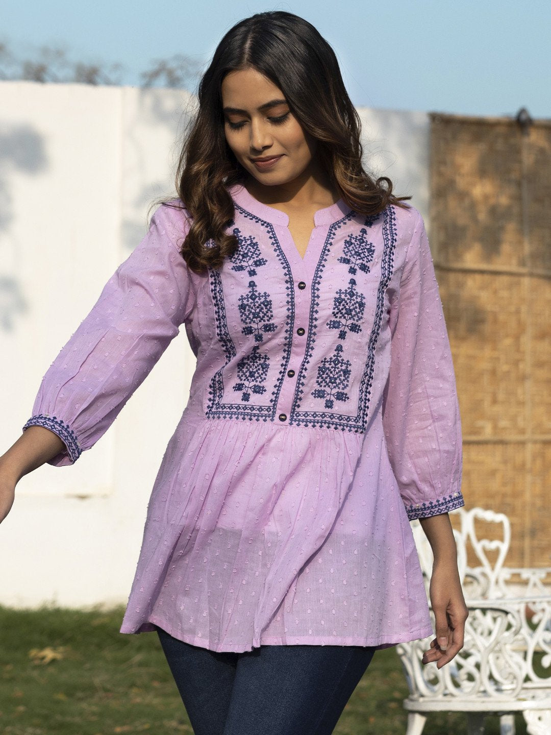 Lavender cotton embroidered fit flare tunic