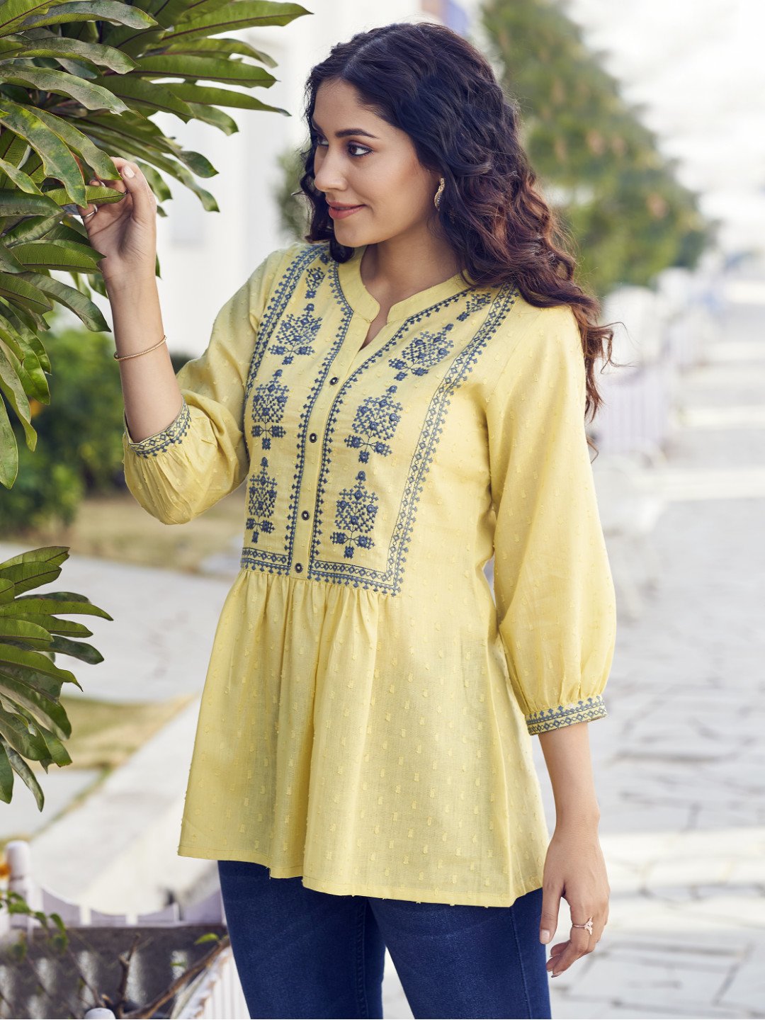 Lime cotton embroidered fit flare tunic