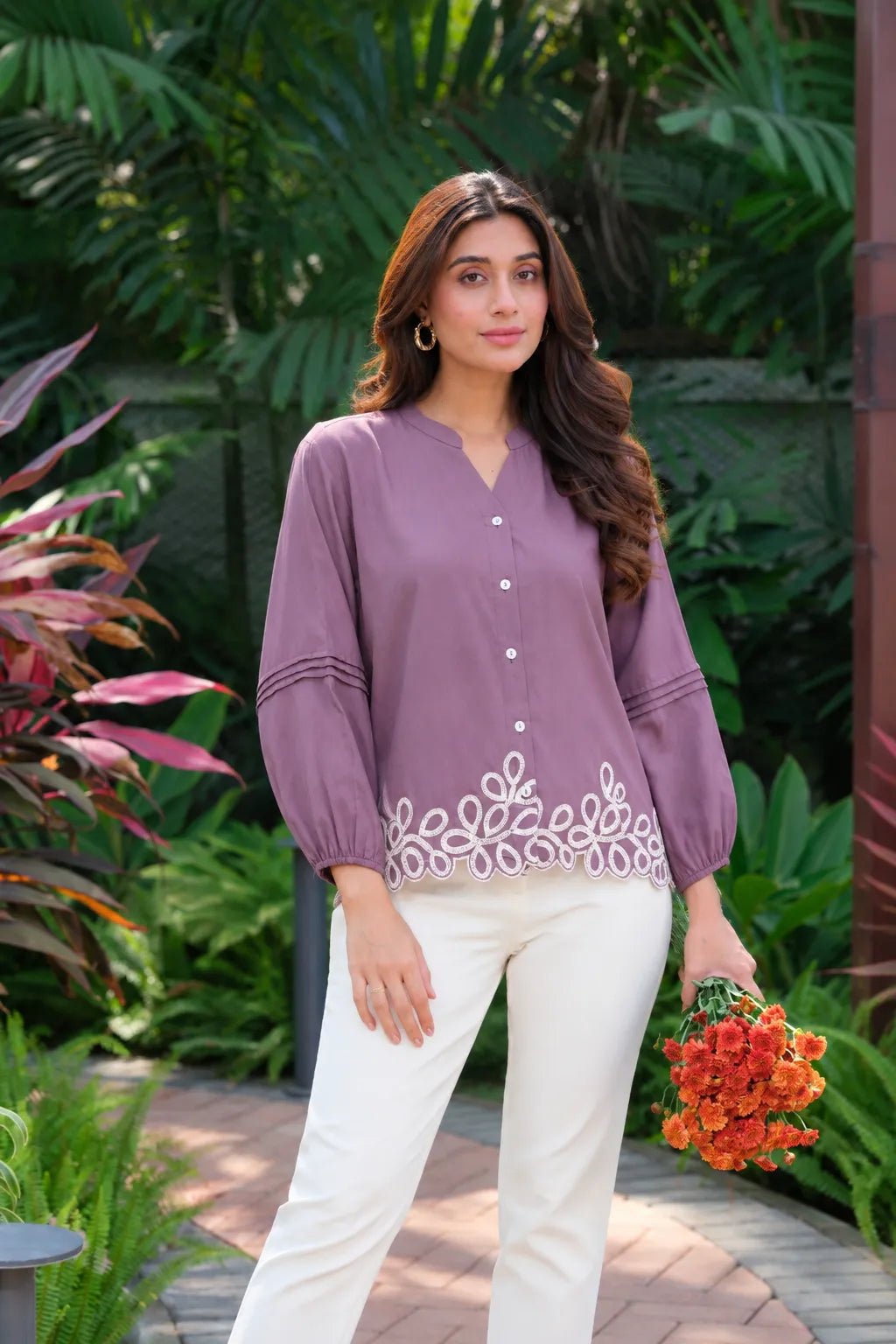 mauve band collar women top