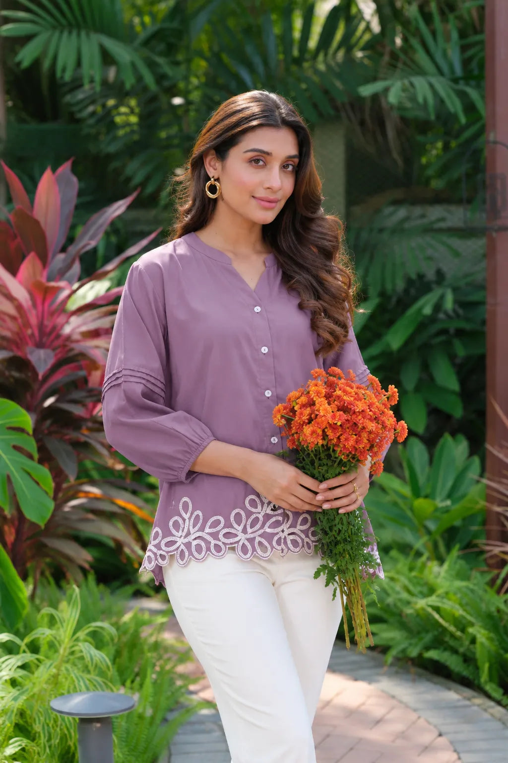 mauve button front top