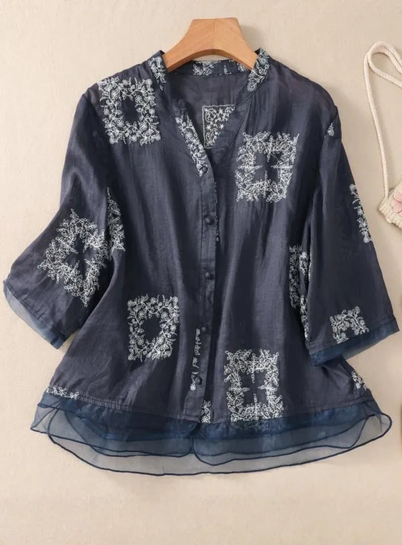 Navy Blue Floral Cotton Top