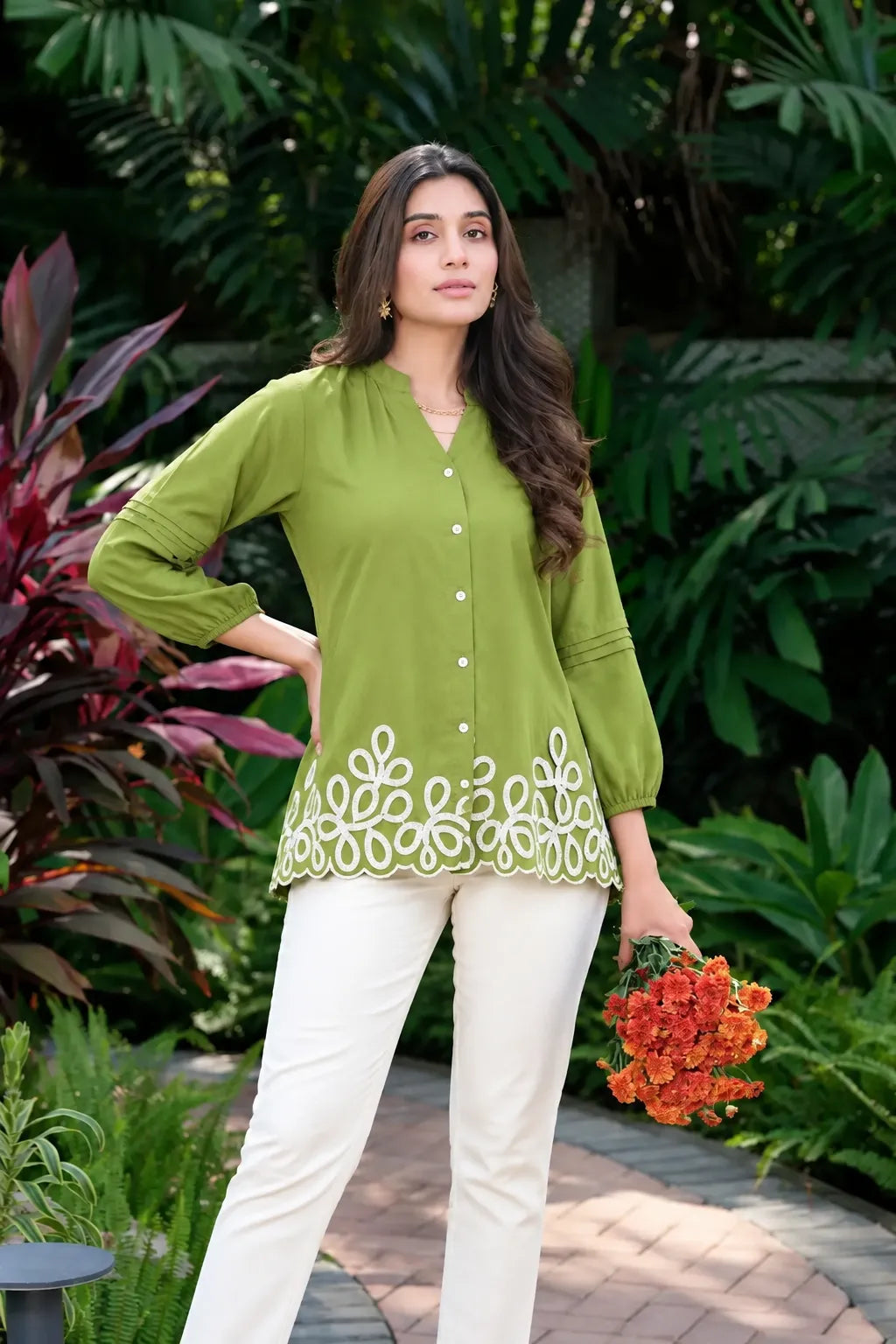  olive green band collar top
