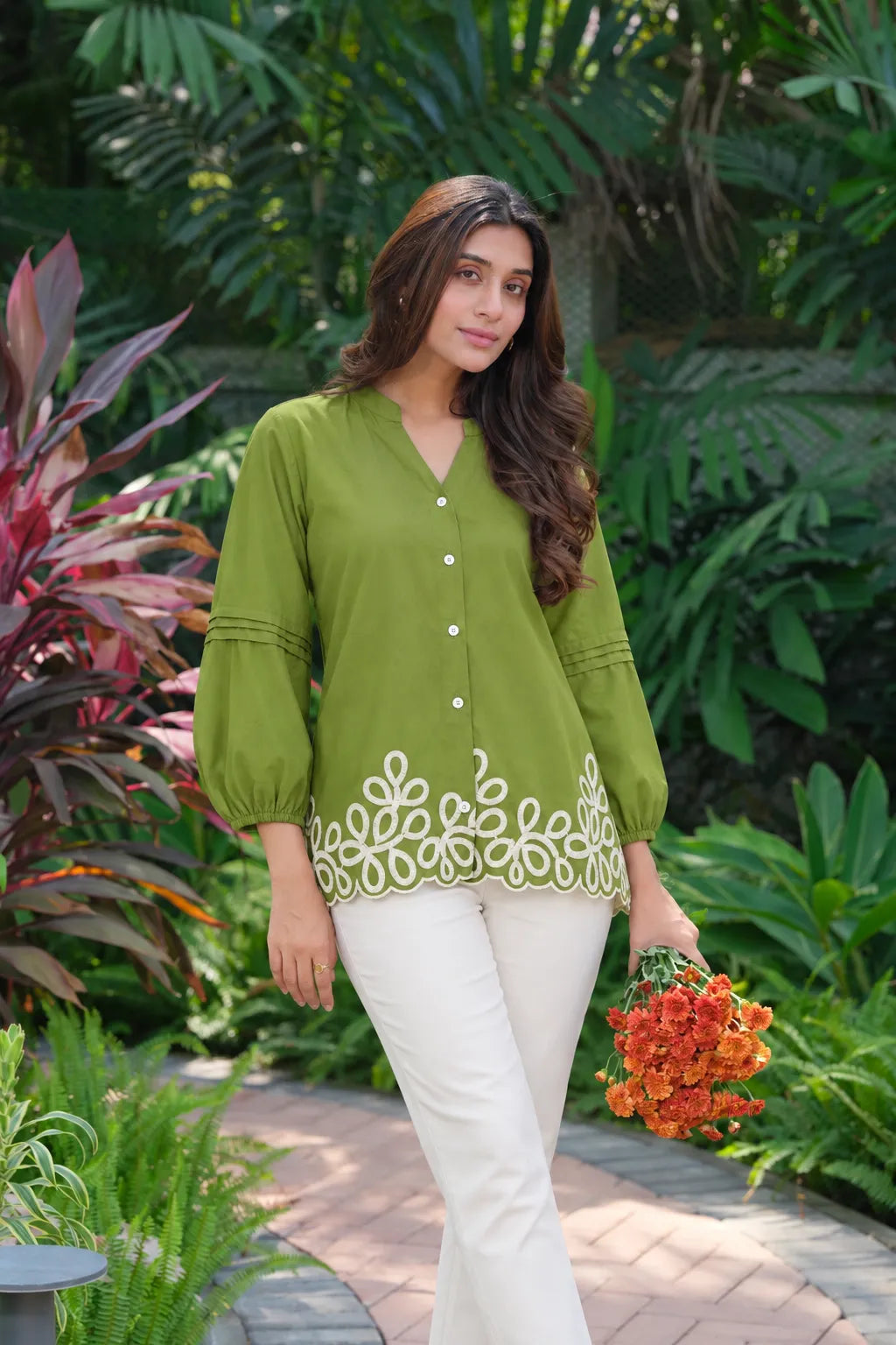 olive green button front top