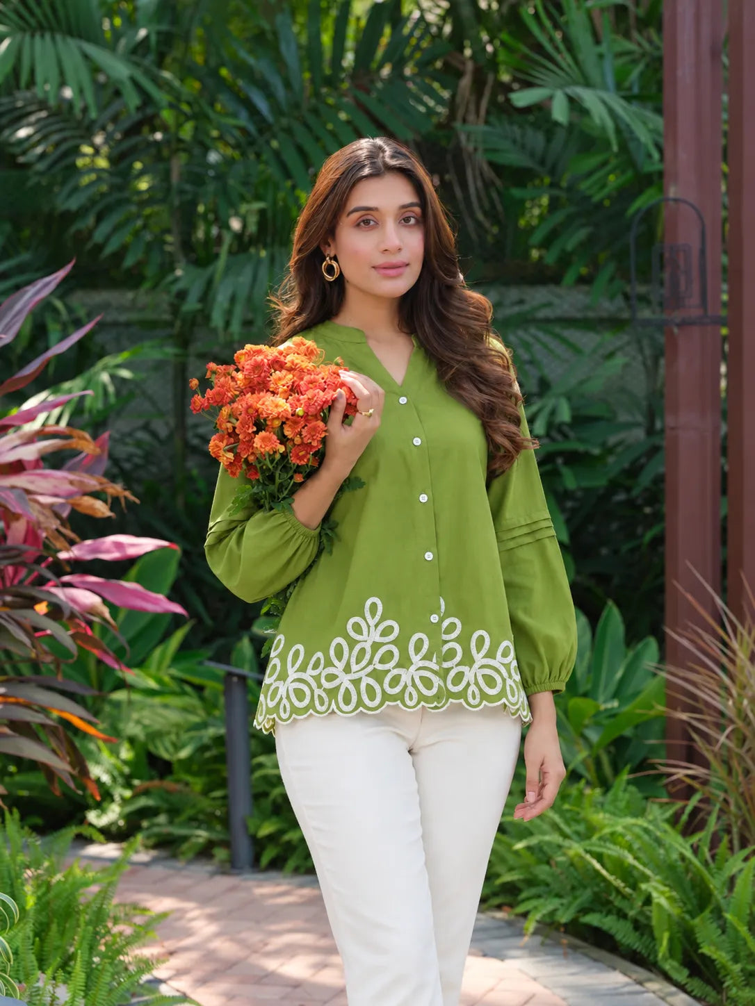 olive green contrast embroidery
