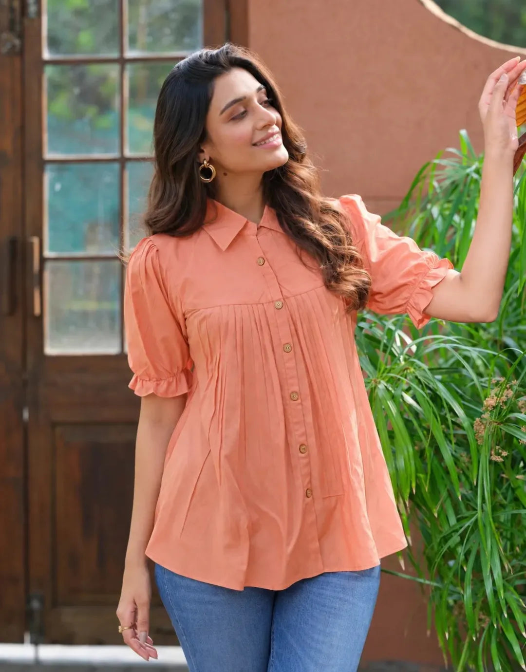 orange button down tunic top