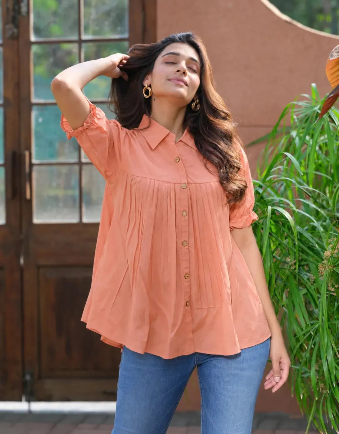 orange casual pleated tunic