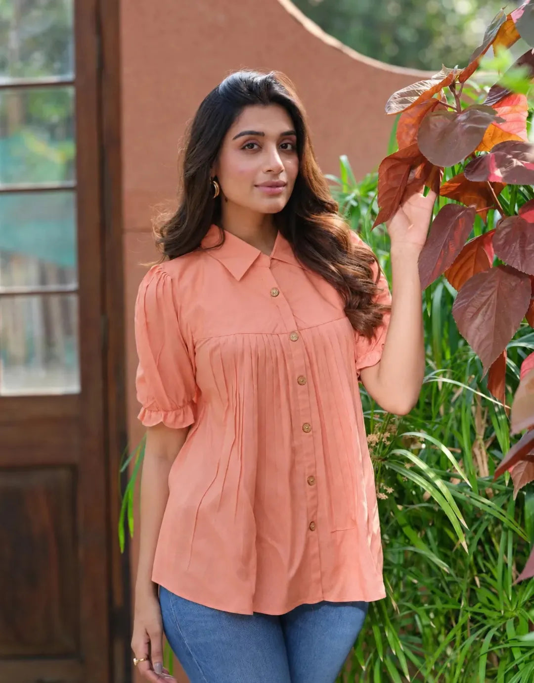 orange collared button top