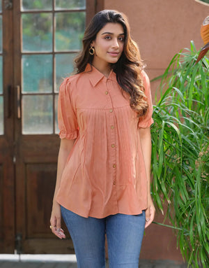 orange pleated puff sleeve top