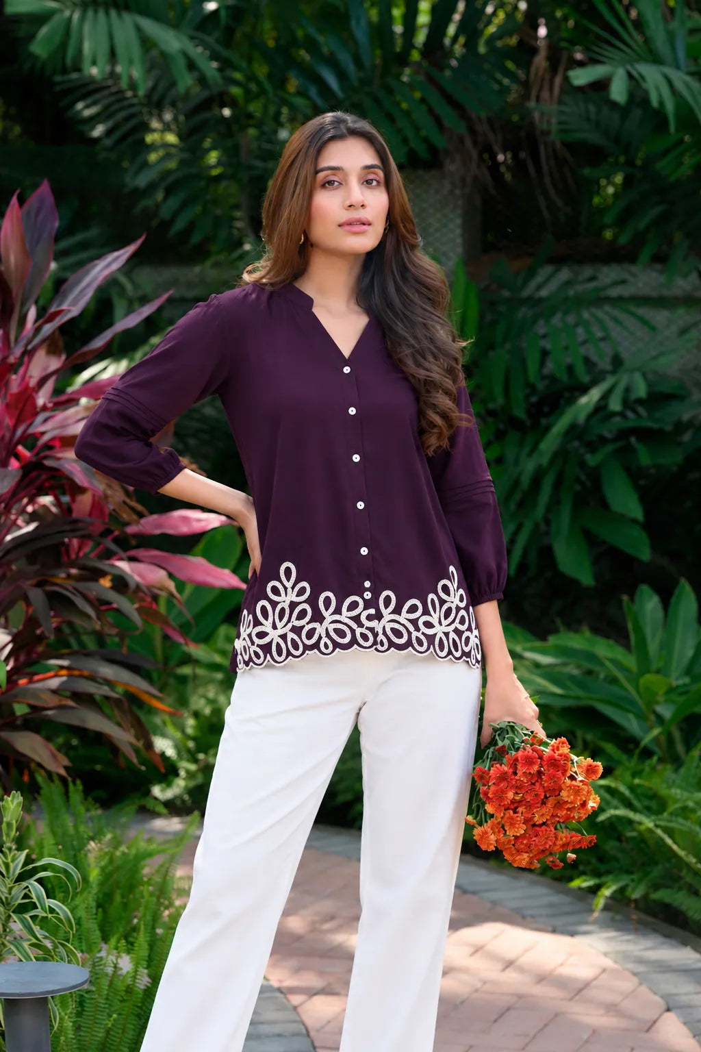 purple band collar cotton top