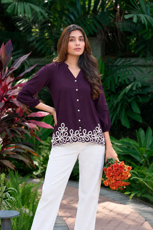 purple band collar cotton top