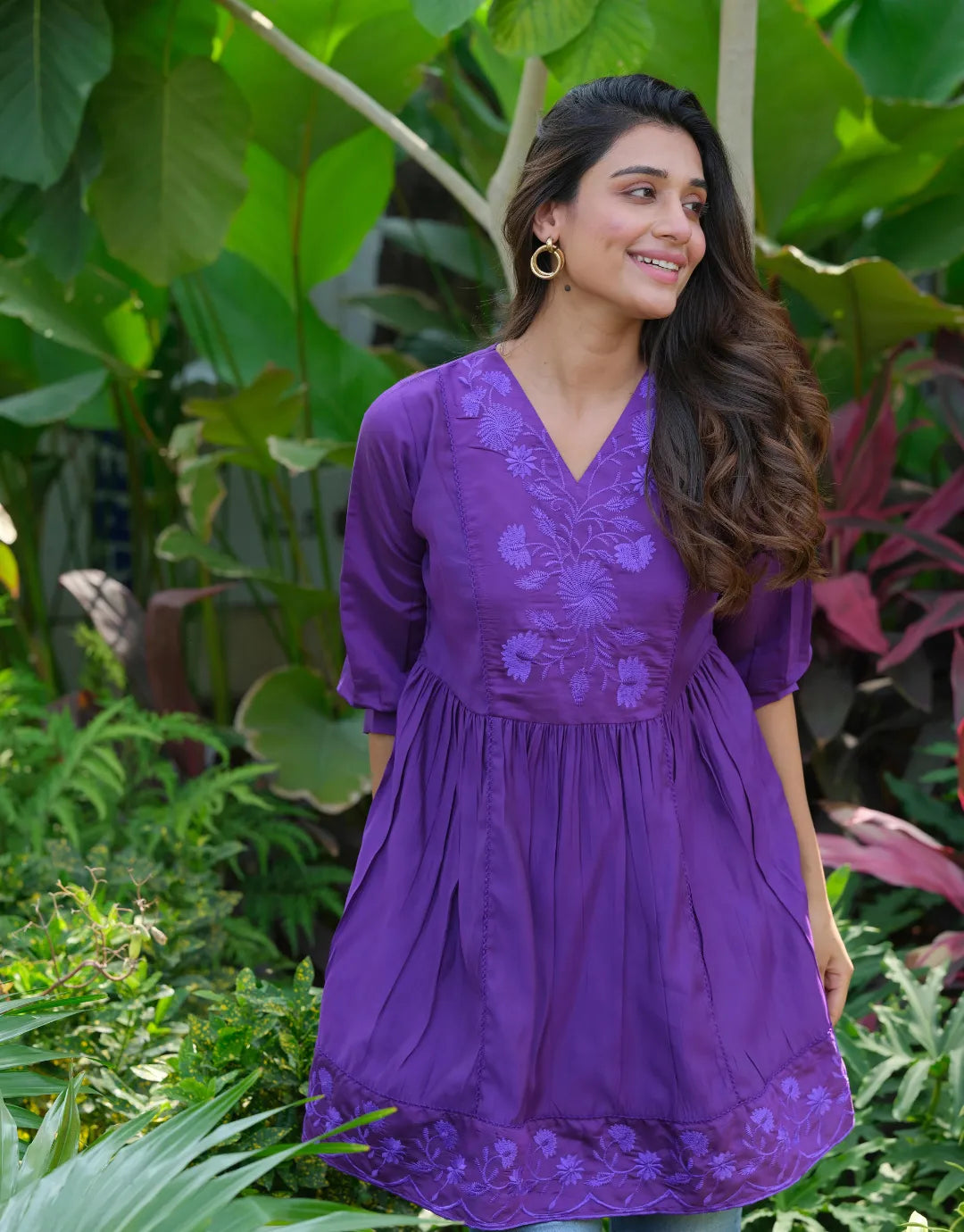 purple v-neck embroidered top