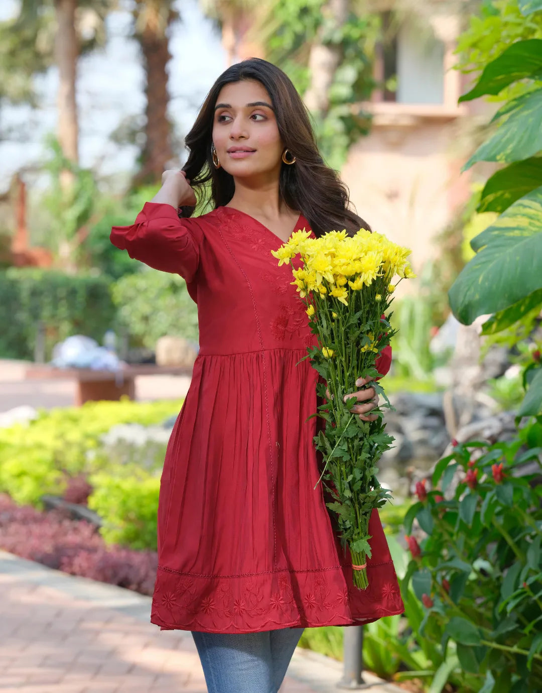 red floral embroidered top