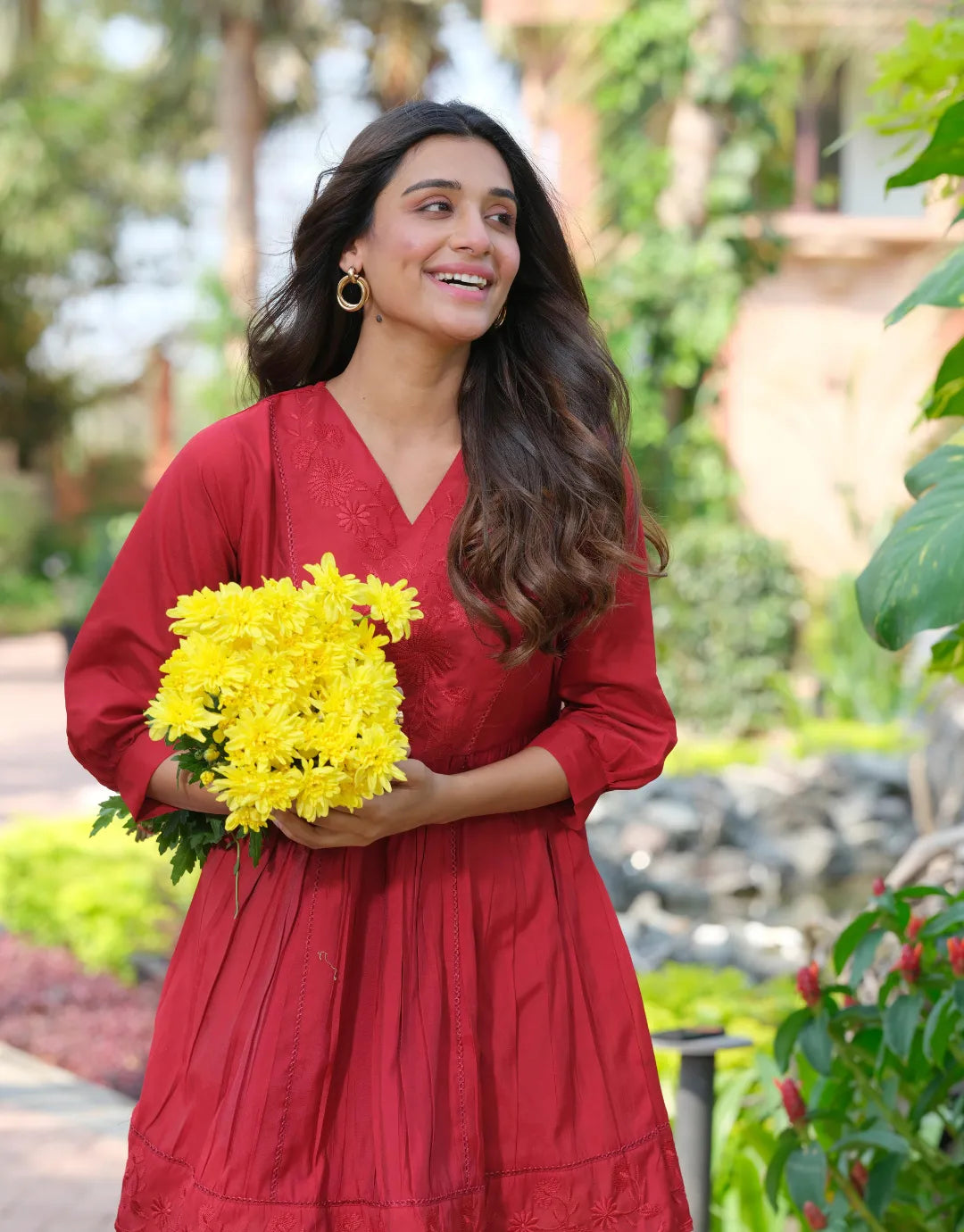 red v-neck pleated tunic