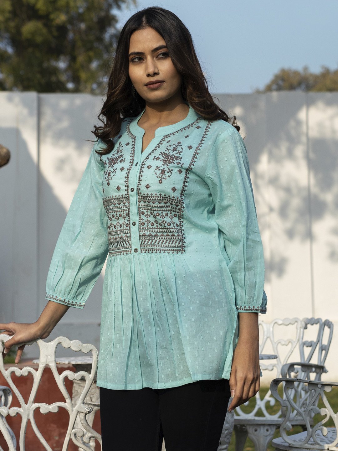 Sky cotton embroidered fit flare tunic