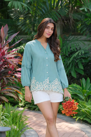sky blue button front top