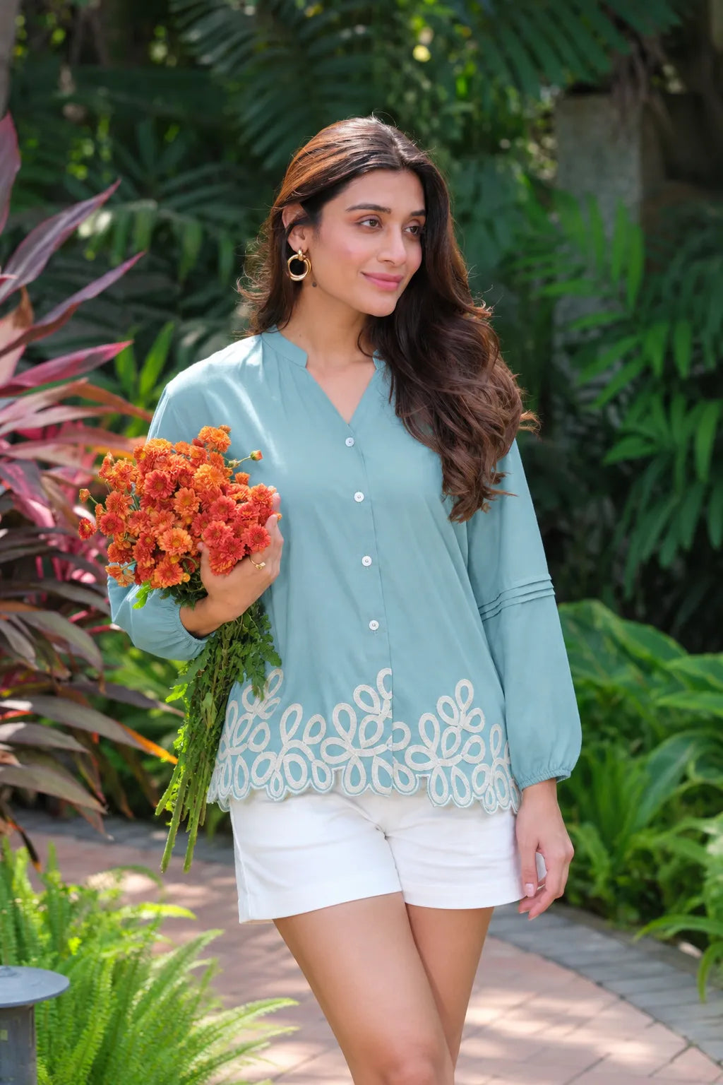 sky blue embroidered cotton top