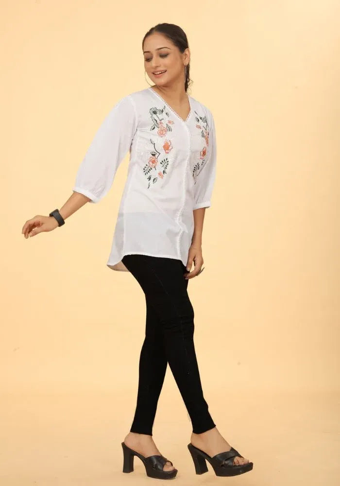 White Embroidered Cotton Top