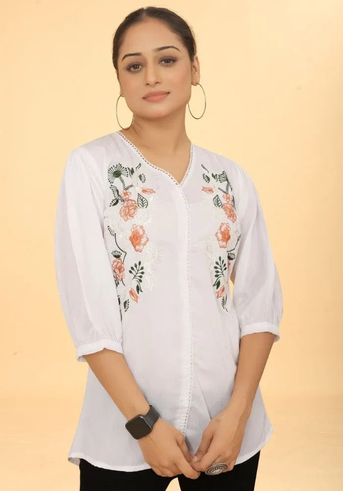 White V-neck Embroidered Top