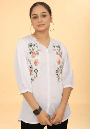 White V-neck Embroidered Top