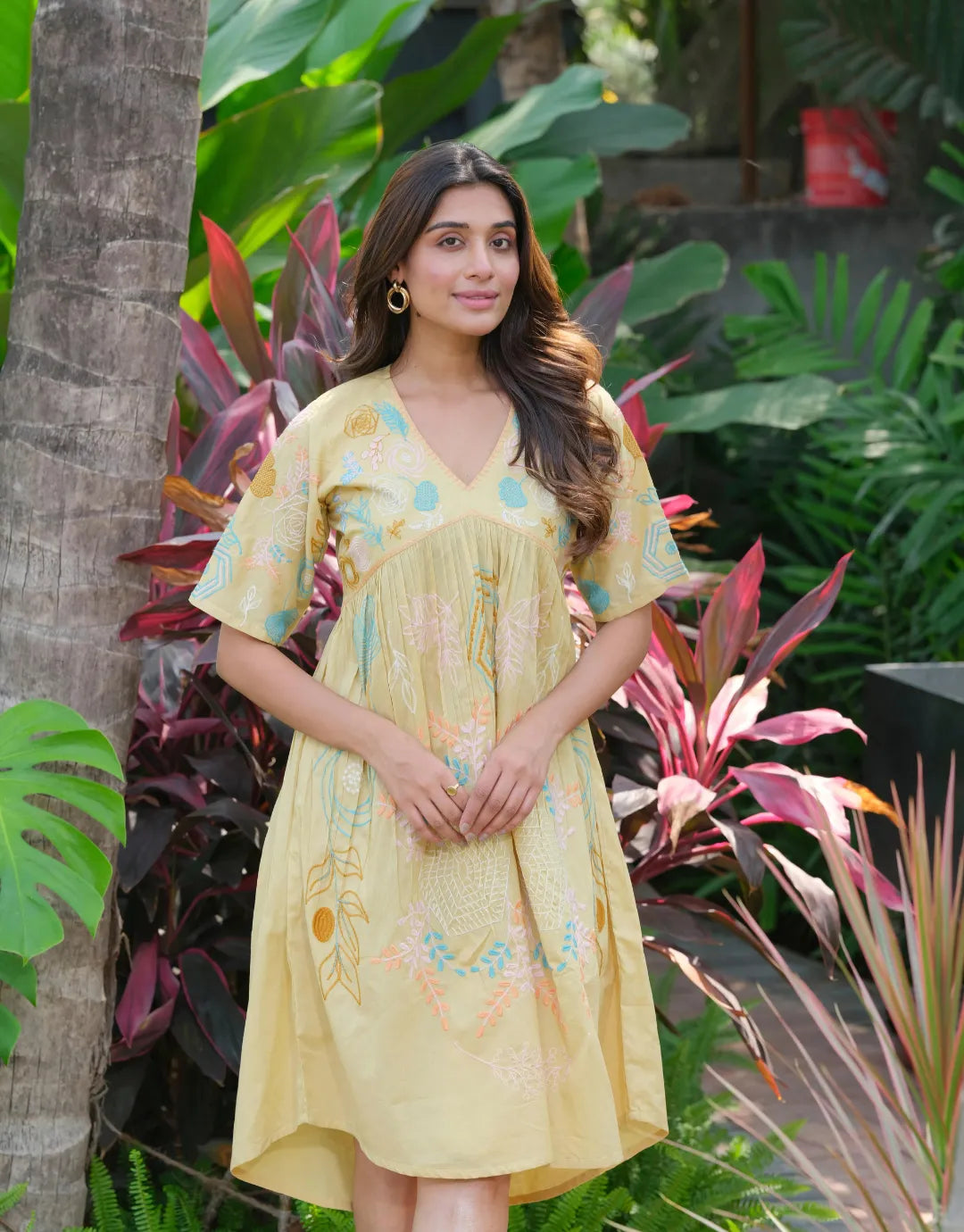 yellow v-neck floral dress online